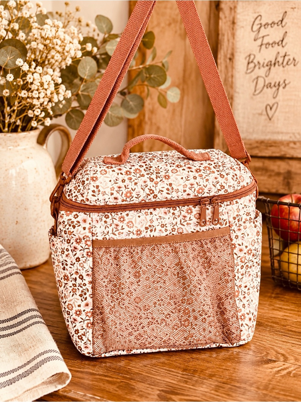 Poppy and Peonies Floral Insulated Lunch Bag Tote - Pink/Brown